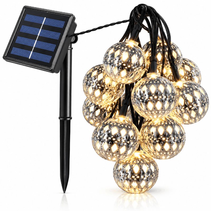 Solar string light set with multiple clear faceted globe bulbs glowing warm white, attached to a black cord and stake with a blue solar panel, on a white background.